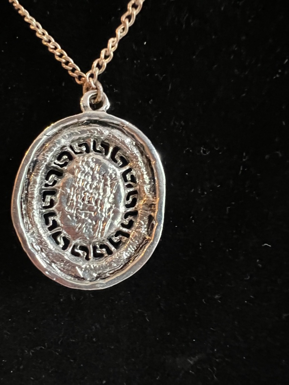 Greek Key Necklace Oval Turquoise Center Stone w 28 Crystals 12" Silver Chain - Picture 4 of 6